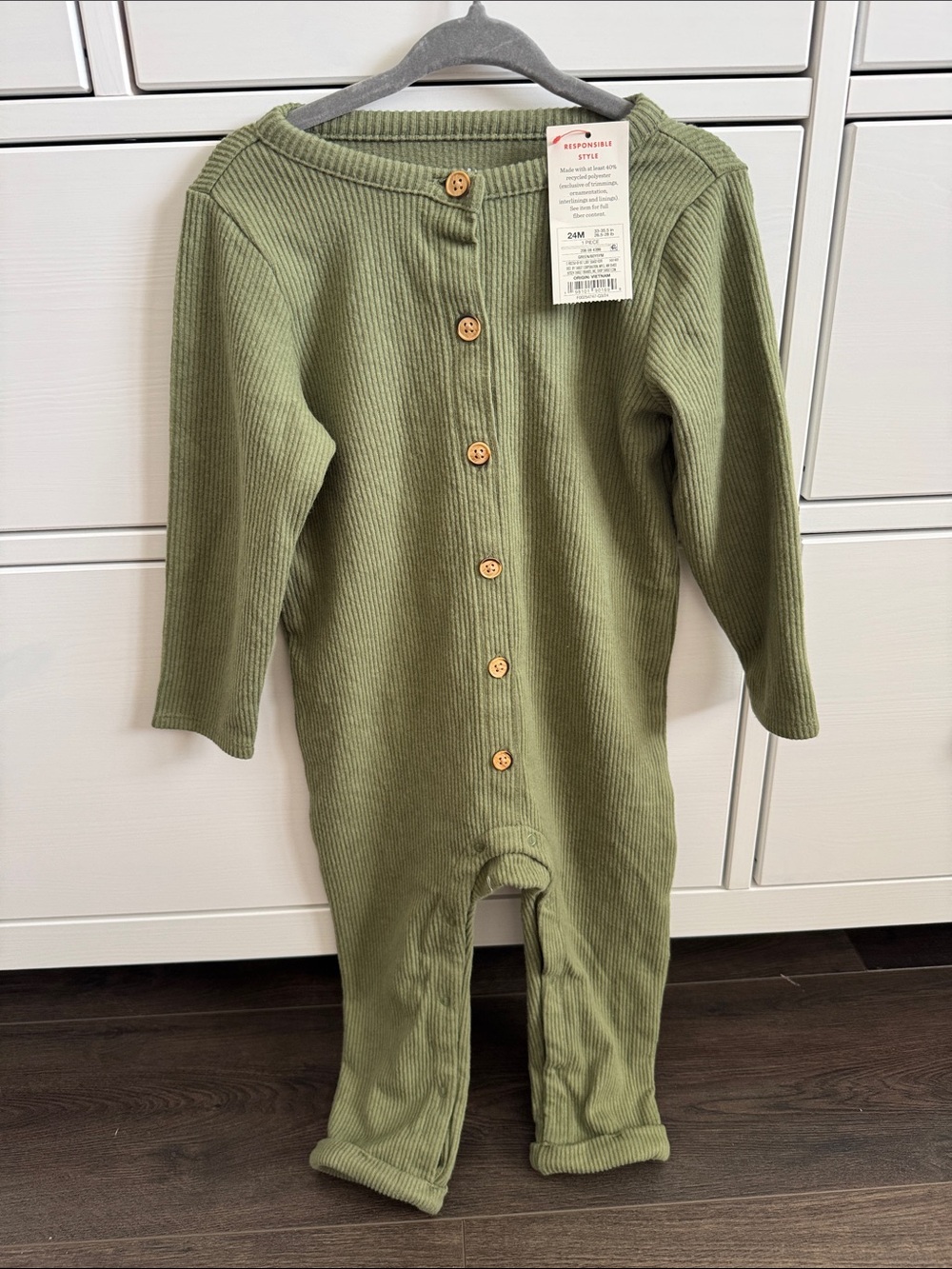 NWT Cat & Jack Olive Green Ribbed Button-Front One-Piece Bodysuit